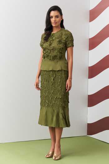 Pleats By Aruni Green Aster Ruffle Top & Skirt Set 