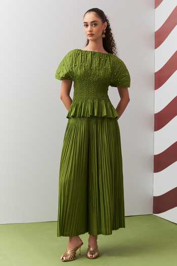 Pleats By Aruni Lime Green Weava Embellished Top & Culotte Pant Set 