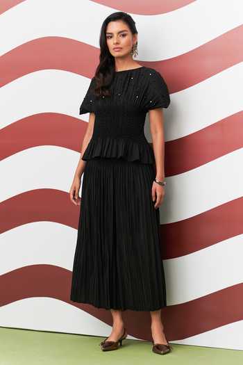 Pleats By Aruni Black Weava Crushed Top & Culotte Pant Set 
