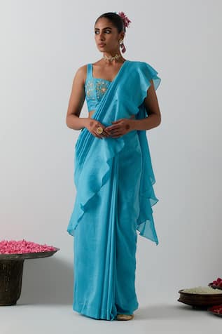 Vinusto Ruffled Pre-Draped Chanderi Saree & Blouse Set 
