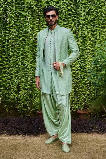 Nitika Gujral Embroidered Open Sherwani Jacket Set 