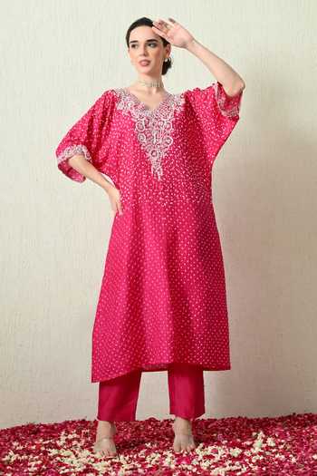 OHH CROW Bandhani Kaftan & Chanderi Silk Pant Set 