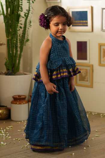 Love The World Today Aparajita Checks Tiered Halter Neck Top & Lehenga Set 