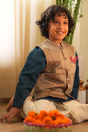 Love The World Today Indu Striped Cotton Silk Nehru Jacket 