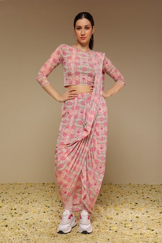 Neha Gursahani Printed Pre-Draped Chudidar Saree With Blouse 