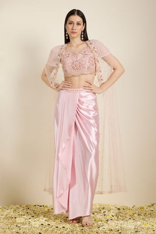 Neha Gursahani Embroidered Blouse & Draped Skirt With Cape 