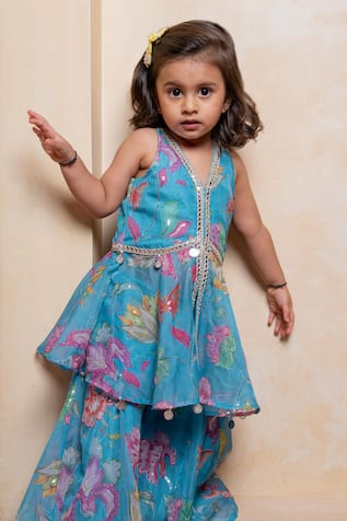 Kirti Agarwal - Pret N Couture Floral & Butterfly Print Peplum Kurta & Sharara Set 