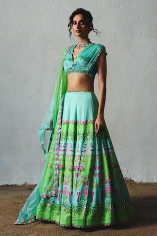 Basil Leaf Aqua Printed Lehenga Set 