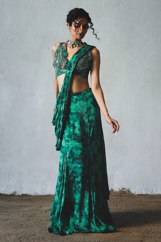 Basil Leaf Tonal Print Pre-Draped Saree With Blouse 