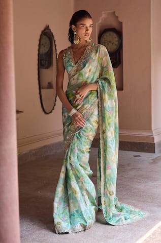 Dohr India Adira Floral Print Organza Saree With Blouse 