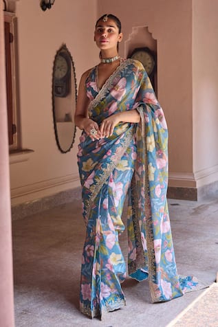 Dohr India Adira Floral Organza Saree With Blouse 