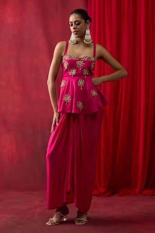 Shikha Mehta Rosie Embroidered Peplum Top With Skirt 