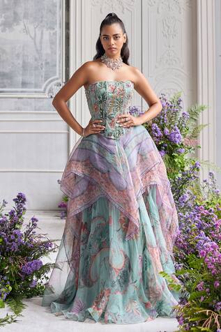 Mahima Mahajan Shakira Embroidered Corset & Printed Organza Lehenga Set 