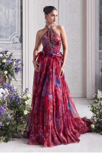 Mahima Mahajan Elsa Printed Organza Halter Neck Corset Lehenga Set 