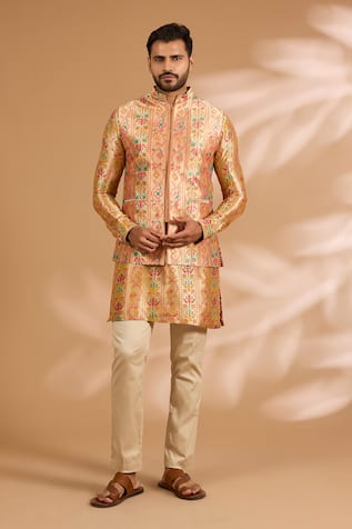 Rabani & Rakha Zari Benarsi Print Bundi Kurta Set 
