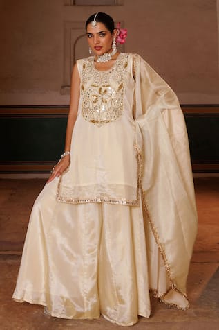 Bannhi By Priyanka Rathore Hand Embroidered Tissue Georgette Kurta Sharara Set 