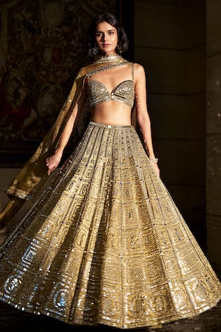 Seema Gujral Antique Gold Mirror Work Bridal Lehenga Set 