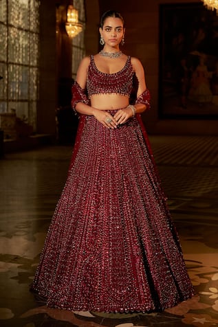 Seema Gujral Maroon Sequin Embroidered Bridal Lehenga Set 