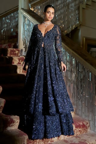 Seema Gujral Midnight Embroidered Jacket Lehenga Set 