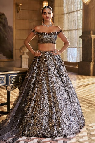Seema Gujral Metallic Silver 3D Lehenga Set 