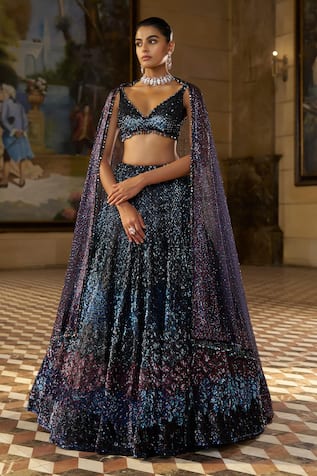 Seema Gujral Jewel Tone Sequin Embroidered Lehenga Set 