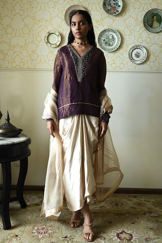 Shorshe Clothing Embroidered Tissue Kurta & Cowl Skirt Set 