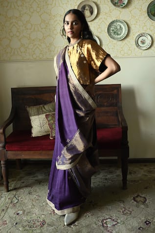 Shorshe Clothing Chinaar Diagonal Hand Embroidered Saree 