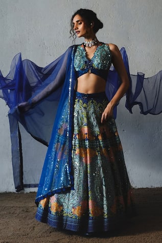 Basil Leaf Blue Mosaic Print Lehenga Set 