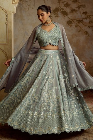 SUHINO Grey Tissue Embroidered Lehenga Set 