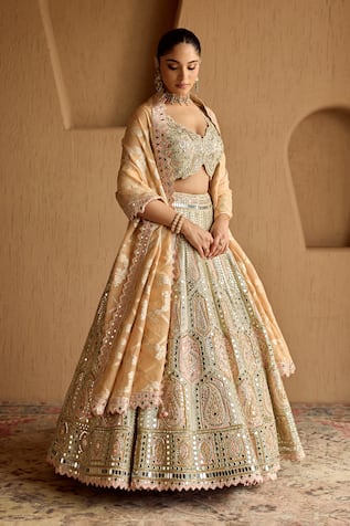 SUHINO Ivory Tissue Patch Embroidered Lehenga Set 