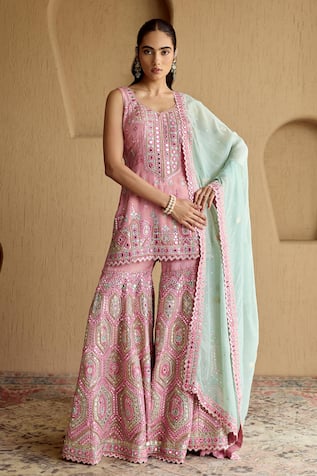 SUHINO Pink Tissue Embroidered Kurta Sharara Set 
