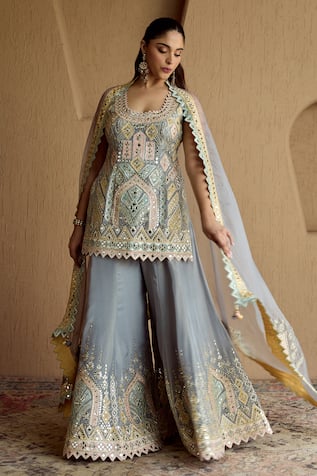 SUHINO Grey Tissue Patch Kurta Sharara Set 
