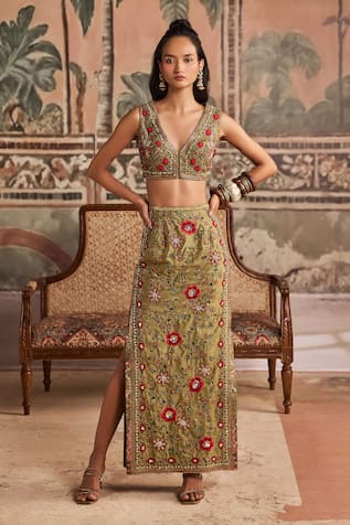 Show Shaa Hand Embroidered Floral Top & Pencil Skirt Set 