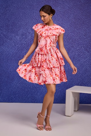 Tara And I Aquarelle Print Silk Organza Ruffle Dress 