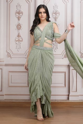 Mandira Wirk Resort Embellished Pre-Draped Saree With Blouse 