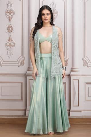 Mandira Wirk Resort Embellished Sheer Jacket Palazzo Set 