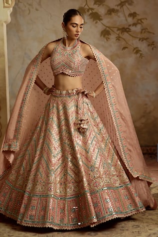 SUHINO Peach Halterneck Blouse Lehenga Set 