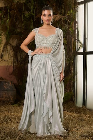 Shashank Arya Pre-Draped Saree With Embroidered Blouse 