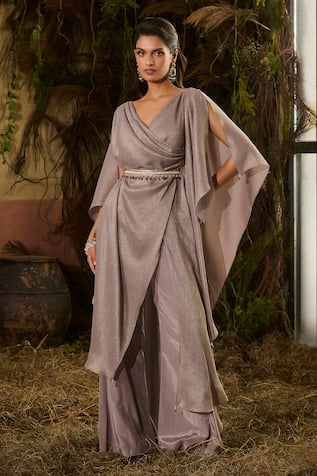 Shashank Arya Draped Foiled Georgette Top & Pant Set 