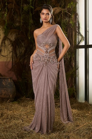 Shashank Arya Metallic Pleated Knit Saree Gown 
