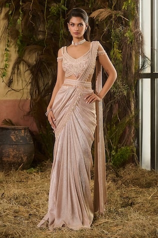 Shashank Arya Metallic Pre-Draped Saree With Blouse 