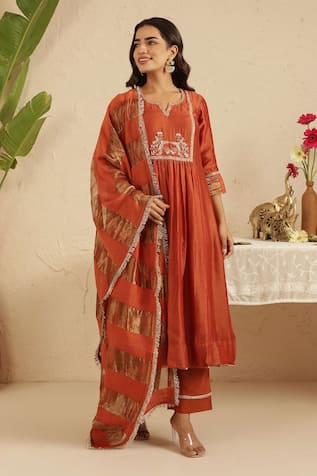 Gulabik Jaipur Rust Hand Embroidred Kurta Set 