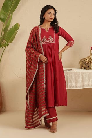 Gulabik Jaipur Maroon Hand Embroidred Kurta Set 