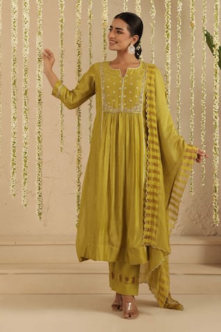 Gulabik Jaipur Mehendi Green Zardozi Work Kurta Set 