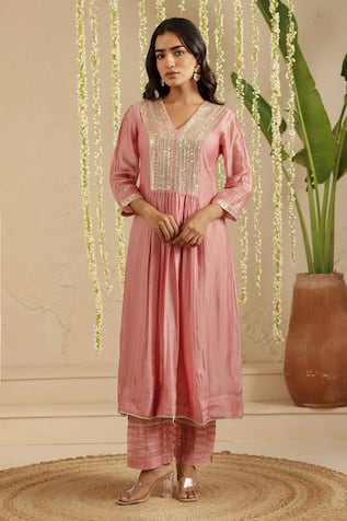 Gulabik Jaipur Dusty Pink Embroidered Kurta & Pant Set 