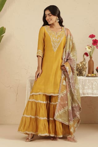 Gulabik Jaipur Deep Gold Embroidered Kurta Gharara Set 