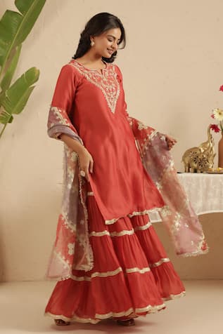 Gulabik Jaipur Crimson Embroidered Kurta Gharara Set 