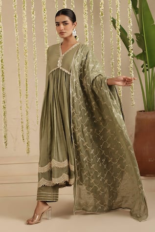 Gulabik Jaipur Moss Green Embroidered Anarkali Set 