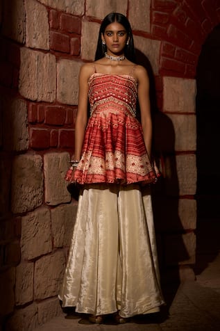 Saangi Scarlet Peplum Kurta With Flared Sharara 