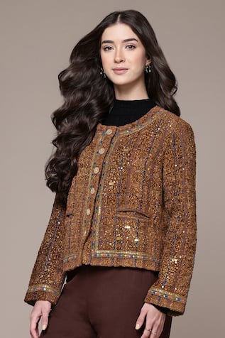 Ritu Kumar Arianna Solid Sequin Embroidered Silk Boucle Jacket 